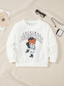 Casuvi Kids Young Boy Letter Bear Casual Style Sweatshirt Top 2025 Back-To-School Season Kids College Outfits And Campus Sportswear