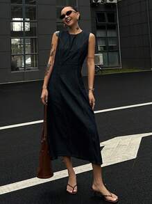 Livesso Women's Round Neck Sleeveless Cinched Waist Denim Dress, Summer - Blue - View 4