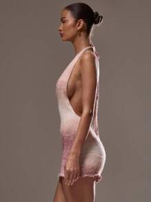 MUSERA Knit Plunge Halterneck Lettuce Hem Ombre Knit Fitted Low Back Mini Sweater Dress Ibiza Sexy Vacation Holiday Spring Summer Festival Beachwear Elegant Birthday Rave Night Out Party Evening Party Elegant Christmas