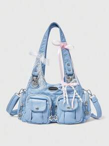 ROMWE Grunge Punk 新款 Rocker Chic 单肩包，女式深色朋克摩托车手提包