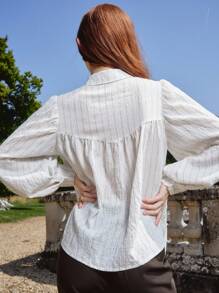 lacRébo 条纹宽松衬衫，褶皱育克和纽扣前襟秋季衬衫商务休闲女教师秋季女装 - 米色 - 查看 6