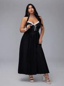 Flirla Plus Size Tie Bow Contrast Color Block Ruched A-Line Elegant Vacation Party Club Little Black Dress - Black - View 6