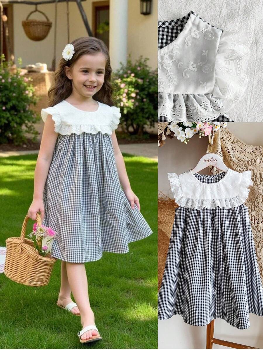 SHEIN Vintaside Kids 少女甜美格纹荷叶边领无袖公主裙，夏季 - 黑與白 - 查看 1