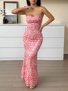 SHEIN EZwear 夏季女士休闲浅粉色豹纹连衣裙 - 淺粉色 - 查看 4