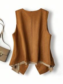 SHEIN LUNE Áo khoác cổ chữ V không tay phong cách Pháp thường ngày cỡ lớn cho nữ mùa hè - màu nâu - Xem 2