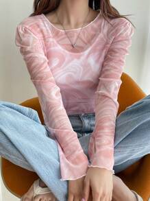 DAZY 1pc Marble Print Lettuce Trim Mesh Top Going Out Tops Valentine Valentine's Day Sheer Long Sleeve Women Tops,Fall Women Clothes - Baby Pink - View 4