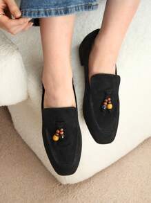 Rosivie 女士方头舒适休闲日常百搭黑色法式优雅平底乐福鞋 - 黑色 - 查看 5