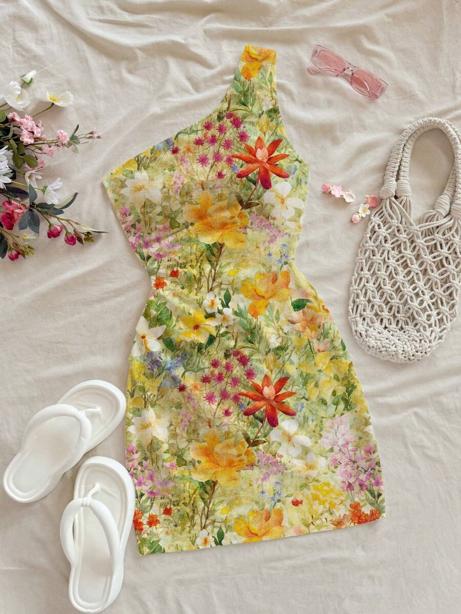 Soleia Vestido mini asimétrico sin mangas con estampado floral colorido para mujer