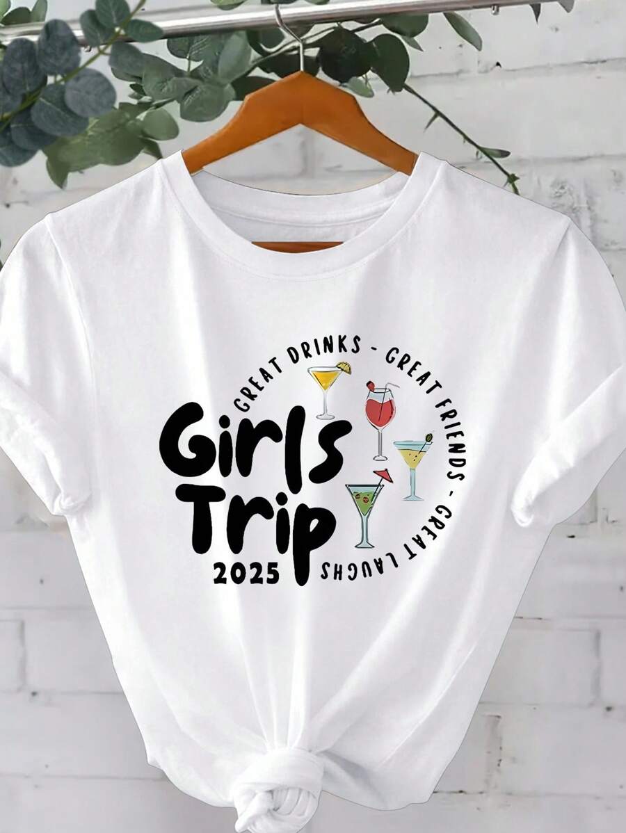 女士圆领短袖休闲T恤，带有“2025女孩”旅程图案印花，适合春夏季，女孩周末礼物 - 白色 - 查看 1