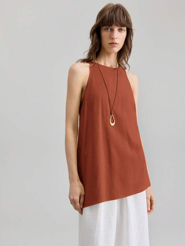 Ontre Stockholm Style, Teacher Outfits For Women,Fall Women Clothes,2025 New Music Festival/Concert Casual Sleeveless Linen Scoop Neck Cutout OrangeTank Top For Women, Vacation Style Everyday Wear, Spring/Summer