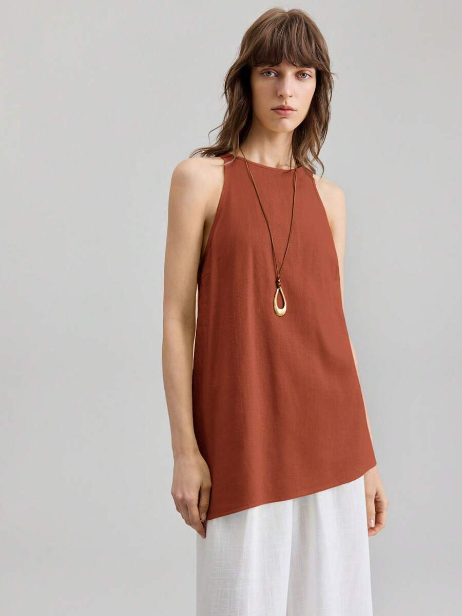 Ontre 2025 新款音乐节/演唱会休闲无袖橙色亚麻圆领背心，适合女士，度假风格日常穿着，商务休闲宽松一字肩衬衫