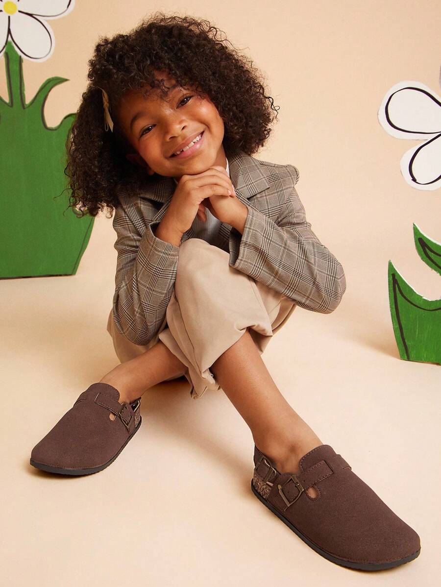 Mini mi Fashionable Kids' Double Buckle Slingback Closed Toe Cork Footbed Coffee Clogs-Timeless, & Comfortable.