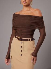 Silquee Women's Plain Coffee Brown Pleated Off Shoulder Long Sleeve Stretch Mesh Slim Fit Fashion Shirt Women's Tops For Back To School, Date Night, Girls Party, Birthday Party, Night Club, Party Wear, Festival, Going Out, Sexy Women's Tops, Commuter Tops, Women's Airport Wear,Old Money Style Women,Streetwear Women,Fall Women Clothes, Off Shoulder Mesh Top Coffee Brown Top Long Sleeve Mesh Top - Brown - View 5