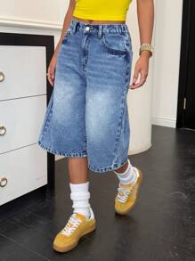 SHEIN 少女春夏 Y2K 同色水洗低腰宽松牛仔长短七分裤、夏季海滩波西米亚度假宽松阔腿裤、夏季早午餐毕业典礼、夏季狂欢音乐会节街头服饰、宽松牛仔短裤、长款牛仔短裤、水洗牛仔短裤、Y2K 牛仔短裤、少女短裤、长款牛仔短裤