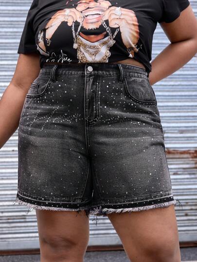 Street Life Short en jean décontracté et ample pour femmes grandes tailles, avec déchirures, poches et décorations