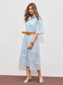 ATUI Studio 女式节日烧花刺绣泡泡袖单排扣衬衫裙