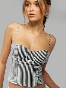 MISSGUIDED 复古风格复古紧身胸衣背心上衣紧身胸衣细条纹夏季节日上衣派对吊带衫 - 黑與白 - 查看 5