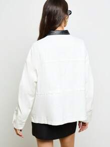 AiiRZ 经典工作服超大牛仔夹克，带有人造皮革装饰，秋季时尚街头服饰休闲纽扣式现代卡车司机风格外套，适合秋冬穿着 - 白色 - 查看 2