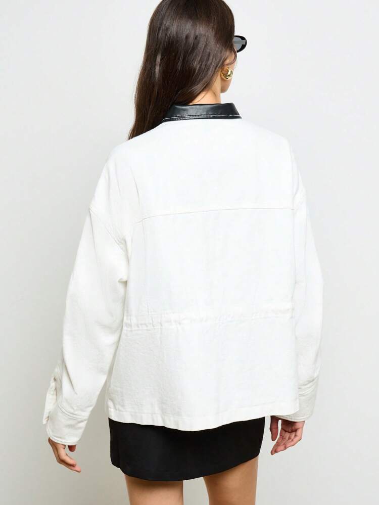 Classic Oversized Denim Jacket With Faux Leather Accents