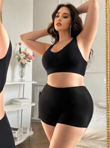 SHEIN 2件套大码女士纯色圆领休闲无缝内衣套装 - 黑色 - 查看 3