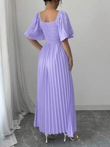 Elenzga New Design Women's Plunging Neck Short Sleeve Heavily Ruffled Back Elegant Dress, Wedding Party Lightweight Dress With Anti-Slip Collar, Flattering & Versatile