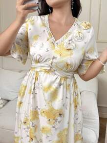 SHEIN Clasi Plus Size Women's Yellow Floral Print Chiffon Maxi Dress, Elegant, Lightweight, Short Sleeve, Flowing Summer Dress With 3D Floral Decor Summer Outfits - Yellow - View 5