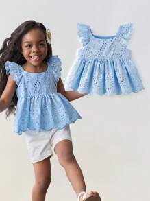 Maija Kids Maija Kids 年轻女孩夏季轻盈镂空刺绣荷叶边下摆 A 字形舒适可爱百搭简约时尚休闲吊带背心 - 藍色 - 查看 1