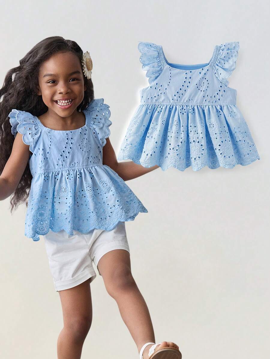Maija Kids Maija Kids 年轻女孩夏季轻盈镂空刺绣荷叶边下摆 A 字形舒适可爱百搭简约时尚休闲吊带背心 - 藍色 - 查看 1