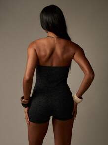 MISSGUIDED 无肩带扭纹前罗纹针织连体衣连体裤适合夏季海滩派对节日休闲服 - 黑色 - 查看 2