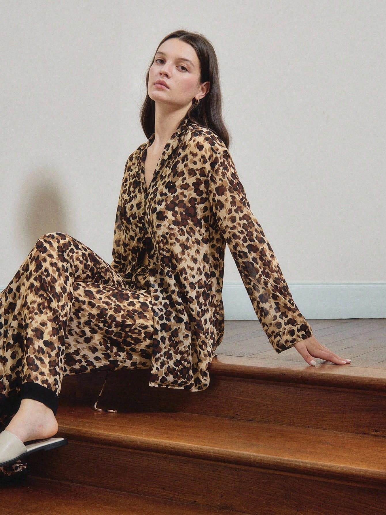 Oversized Loose Fit Leopard Print Top And Tie Waist Wide Leg Trouser Pajamas Set Spring Summer, Fall Clothes