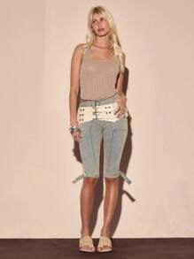 MUSERA Belted Denim Capri Pants Summer Vacation Y2k 90's Streetstyle Cool Girl Festival Holiday Rave Ibiza Western Concert Fall Autumn Winter Nashville