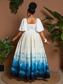 Maweii Plus Size Women Elegant Puff Sleeve V Neck Cinched Waist Party Dress - Multicolor - View 3