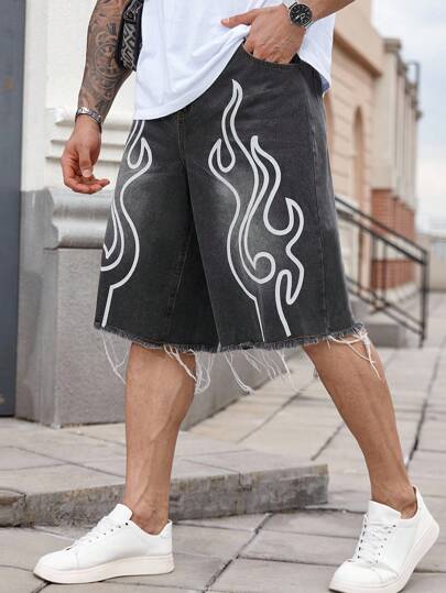 Manfinity LEGND Plus Size Men's Summer Casual Water-Washed Flame Print Distressed Loose Denim Shorts