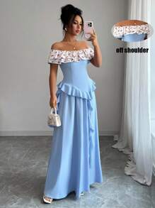 Elenzga 2pcs/Set Ditsy Floral Off-Shoulder Ruffle Shirt & Maxi Skirt - Multicolor - View 1