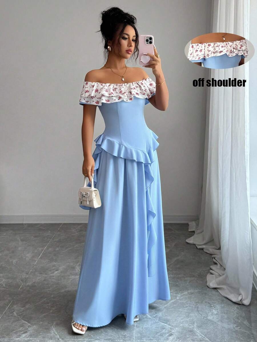 Elenzga 2pcs/Set Ditsy Floral Off-Shoulder Ruffle Shirt & Maxi Skirt - Multicolor - View 1