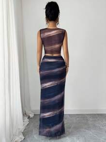 Selianne 2件套女士优雅渐变色花卉无袖背心和裙子套装