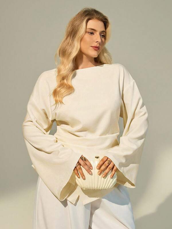 Auralis Plus Size Women Fall Clothes Solid Color Round Neck Drop Shoulder Bell Sleeve Ruched Fashionable Blouse,Back To School,Teacher Outfits For Women,Going Out Tops Women,Business Casual Woman,Office Outfits For Women,Work Clothes Women,Work Outfits For Women,Teacher Shirts,Fall Clothes For Women,Classy Outfits For Women,Fall Tops,Office Attire For Women,