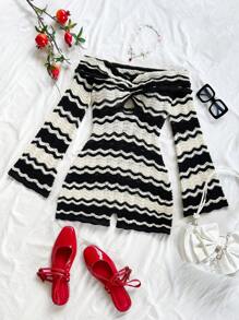 Soleia New Autumn/Winter Back To School, Vacation, Beach Wedding Guest, Graduation, Brunch, St. Patrick's Day, Spring Break, Easter, Music Festival Elegant Bohemian Tropical Chic Off Shoulder Backless Cutout Sweater, Flare Sleeve, Black & White Striped Twist Knot Sweater Jumpsuit