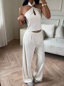 SHEIN EZwear Women Summer/Fall  Fashion Metal Ring Halter Top And Long Pants Set,Simple And Versatile, Suitable For Daily Wear - Apricot - View 4