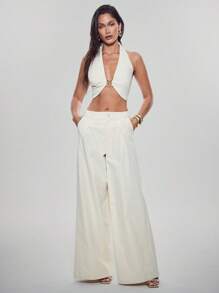 Denimoi Top corto de cuello halter con detalle de herrajes dorados - Albaricoque - Ver 4