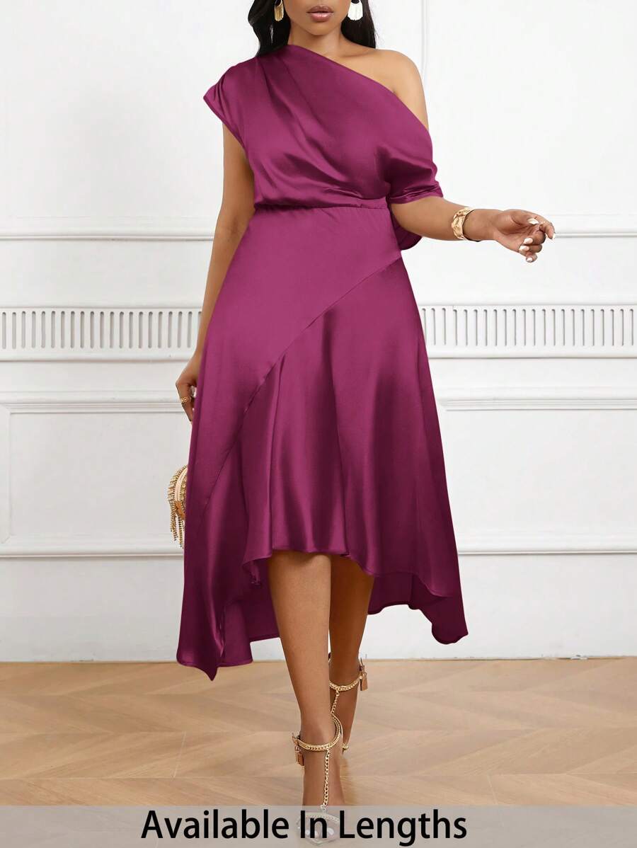 SHEIN Tall CURVE 加大码不对称下摆缎面收腰礼服，优雅晚礼服 - 中紫紅色 - 查看 1