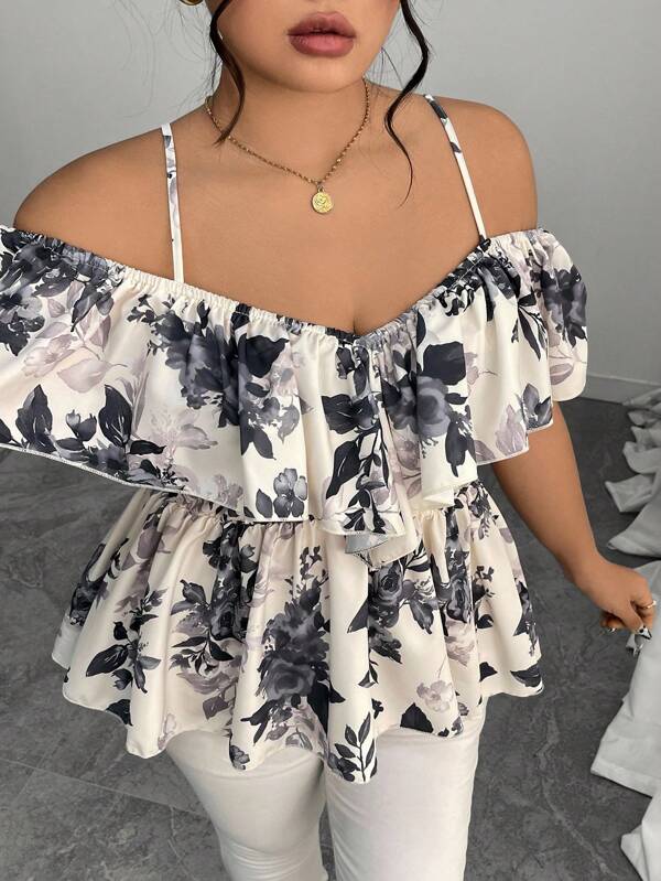 Elenzga Plus Size Spring/Summer Off Shoulder Ruffle Hem A-Line Shirt