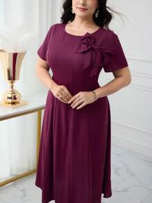 Modelyn Plus Size Elegant Solid Color Bowknot Decor Dress, Summer