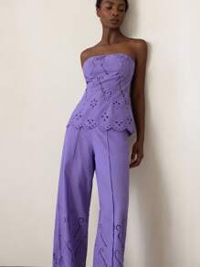 Aveloria Modichic 2 件套女士套装：高端 2025 年度假风格复古奢华刺绣紧身胸衣上衣和裤子 - 紫色 - 查看 3