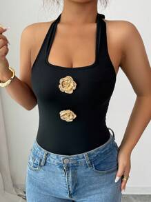 Rafferiza 女式挂脖金属玫瑰装饰紧身衣 - 黑色 - 查看 5