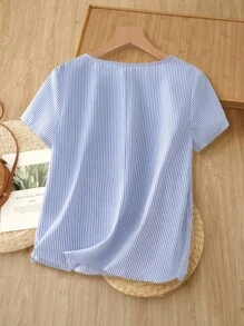 Rusticease 女式夏季条纹纽扣半襟短袖休闲衬衫返校秋季女装老款风格女式商务休闲女式条纹棉质上衣女式棉质上衣蓝白条纹衬衫夏季上衣休闲棉质上衣 - 藍白色 - 查看 2