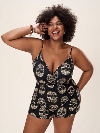 Plus Leopard & Skull Print Cami Romper For Summer