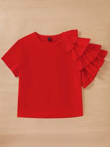 SHEIN Essnce Camiseta unicolor ribete con fruncido - Rojo - Ver 3