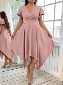 Reflora Đầm thanh lịch tay ngắn xếp nếp cổ chữ V màu trơn mùa hè cho nữ cỡ lớn - Màu Hồng baby - Xem 4