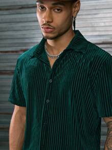 AXEPEAK Men Solid Button Front Shirt Slim Fit Short Sleeve Up Flannel Plain Prom Fashion Shirt, For Boyfriend Gift - Dark Green - View 4